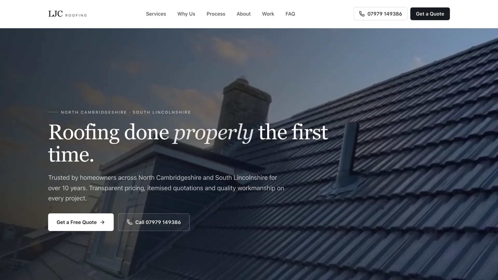 Website concept for LJC Roofing, with a serif headline reading Roofing done properly the first time over a tiled roof photograph.